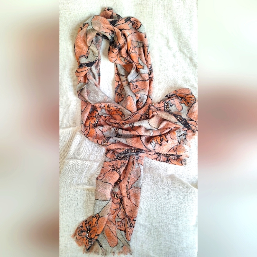 Anthropologie Floral Coral/Peach/Gray Scarf with Sequin Detail